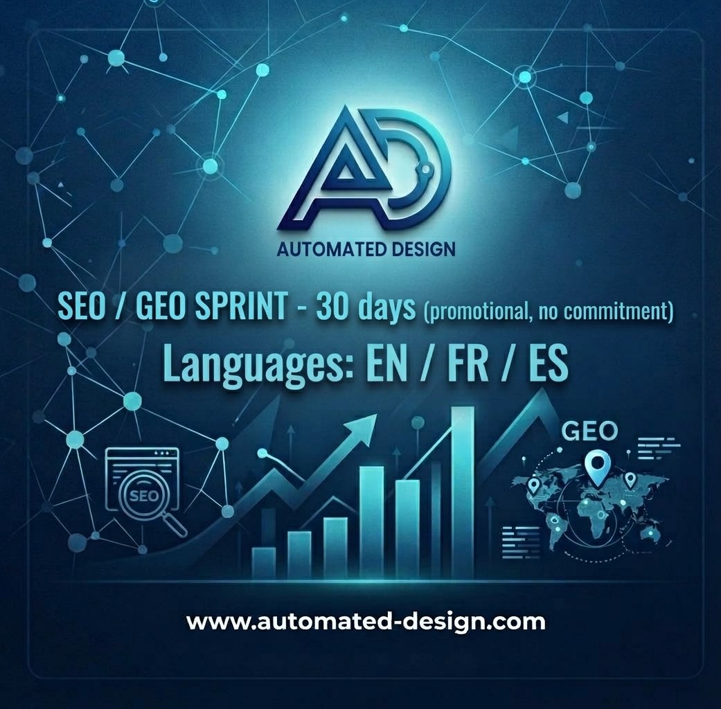 Sprint SEO et GEO Automated Design : audit, optimisation technique et couche GEO en un mois sans engagement